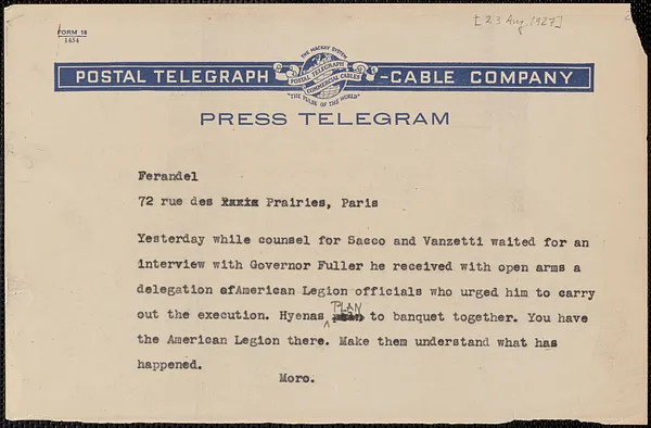 Joseph Moro telegram (copy) to Ferandel, Boston, Mass., [August 23, 1927]