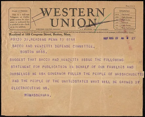 P. Wasserman telegram to Sacco-Vanzetti Defense Committee, Reading, Pa., August 19, 1927
