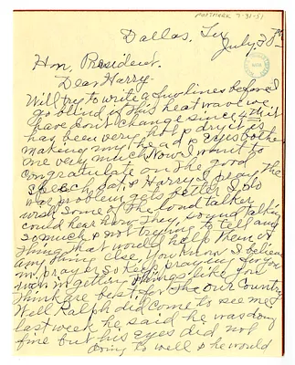 Letter from Grace Summer to Harry S. Truman