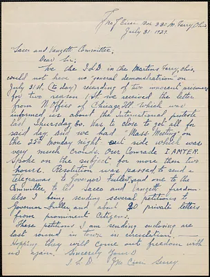 J. Cicci [International Labor Defense?] autograph letter signed to Sacco-Vanzetti Defense Committee, Martins Ferry, Ohio,, July 31, 1927