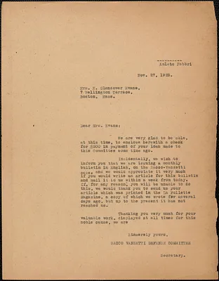 Sacco-Vanzetti Defense Committee typed letter (copy) to E[lizabeth] Glendower Evans, [Boston, Mass.], November 27, 1925
