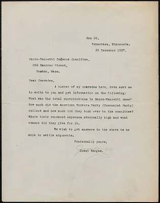 Jussi Kangas typed letter signed to Sacco-Vanzetti Defense Committee, Embarrass, Minn., December 23, 1927