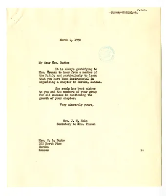 Letter from Mrs. C. L. Burke to Bess W. Truman with a Reply from Edith Helm
