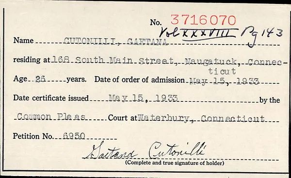 Naturalization Index, District Court, New Haven County at Waterbury,  1895-1971, Cutonilli-DeSocio