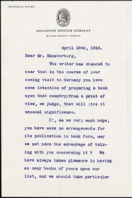 Greenslet, Ferris, 1875-1959 typed letter signed to Hugo Münsterberg, Boston, 26 April 1910