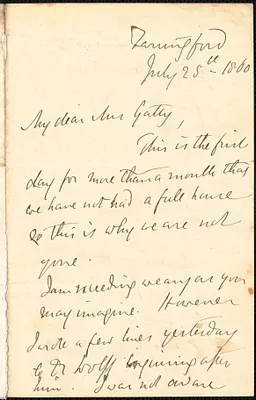 Emily Tennyson autograph letter signed to Mrs. Gatty, Farringford, [Isle of Wight], 25 July 1860