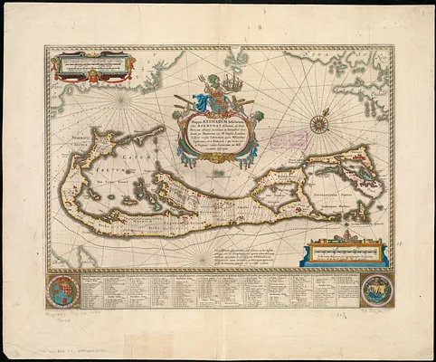 Mappa aestivarum insularum, alias Barmudas dictarum, ad ostia Mexicani aestuarij jacentium in latitudine graduum 32 minutorum 25 : Ab Anglia, Londino Scilicet versus Libonotum 3300 miliaribus Anglicanis, et a Roanoack (qui locus est in Virginia) versus Euronotum 500 mill. accurate descripta