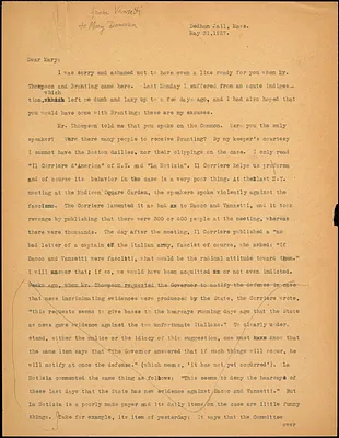 Bartolomeo Vanzetti typed letter (copy) to Mary Donovan, [Dedham], 31 May 1927