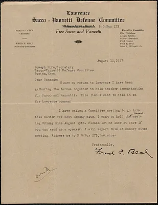 Fred E. Beal (Lawrence Sacco-Vanzetti Defense Committee) typed letter signed to Joseph Moro, Lawrence, Mass., August 12, 1927