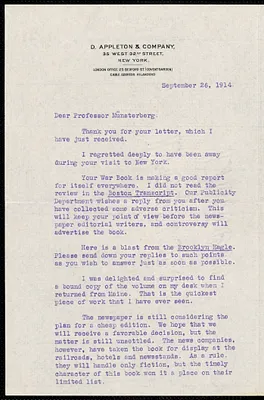 Jewett, Rutger B. autograph letter signed to Hugo Münsterberg, New York, 26 September 1914