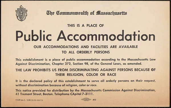 Flyer, Commonwealth of Massachusetts, “Public Accommodation” non-discriminatory policy