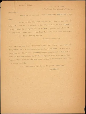 Bartolomeo Vanzetti typed note (copy) to Roger [N. Baldwin], [Charlestown, ca. 15 February 1926]