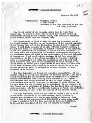 Memorandum of Conversation with Secretary of State Dean Acheson and Jean Monnet