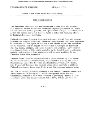 President Declares a major disaster for the State of Oklahoma due to severe storms and tornadoes [Disaster Declaration]