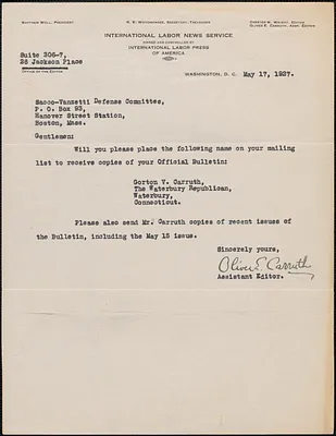 Oliver E. Carruth (International Labor News Service) typed note signed to Sacco-Vanzetti Defense Committee, Washington, D.C., May 17, 1927