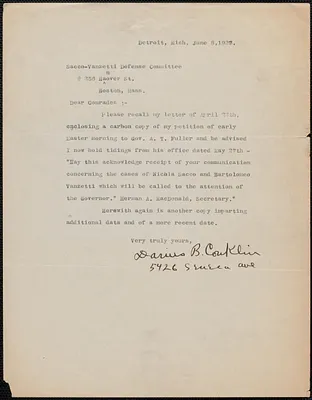 Darius B. Conklin typed letter signed to Sacco-Vanzetti Defense Committee, Detroit, Mich., June 8, 1927