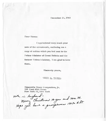 Correspondence Between President Harry S. Truman and Henry Morgenthau, with Attachment