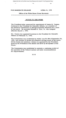 President Appoints James M. Cannon, Assistant to the President for Domestic Affairs, as member of the Advisory Commission on Intergovernmental Relations [Position Appointments and Resignations]