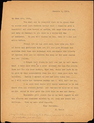 Nicola Sacco typed letter (copy) to Mrs. [Cerise] Jack, [Dedham], 5 January 1924