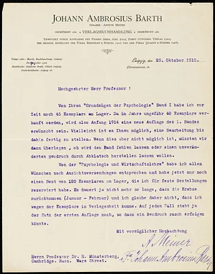 Meiner, Arthur, 1865-1952 typed letter signed to Hugo Münsterberg, Leipzig, Ger., 29 October 1912