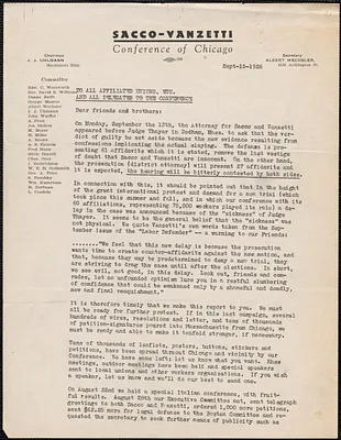 Albert Wechsler (Sacco-Vanzetti Conference of Chicago) typed letter signed (circular), Chicago, Ill., September 15, 1926