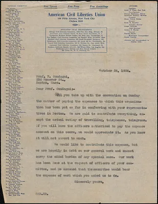 Roger N. Baldwin (American Civil Liberties Union) typed letter (copy) to F[elice] Guadagni, Chicago, Ill., October 24, 1924
