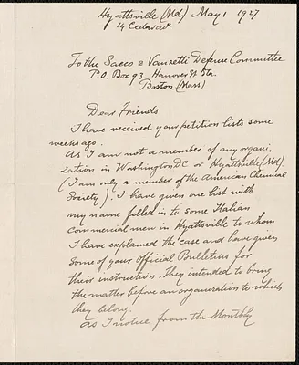 D. H. Brauns autograph letter signed to Sacco-Vanzetti Defense Committee, Hyattsville, Md., May 1, 1927