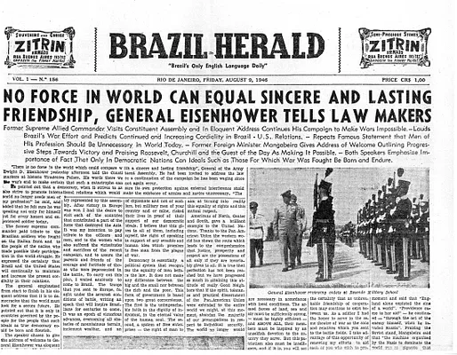 Newspaper Clipping, Brazil Herald, "No Force in World Can Equal Sincere and Lasting Friendship, General Eisenhower Tells Law Makers"