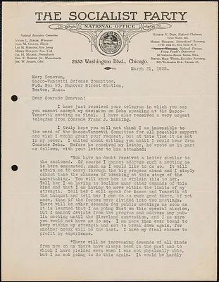 Bertha Hale White (Socialist Party, National Office) typed letter signed to Mary Donovan, Chicago, Ill., March 27, 1925