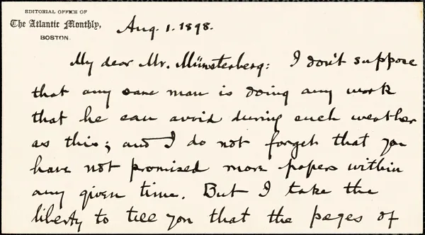 Page, Walter Hines, 1855-1918 autograph note signed to Hugo Münsterberg, Boston, 01 August 1898