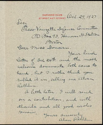 Alvin Rathbone autograph note signed to Mary Donovan, New York, N. Y., October 29, 1927