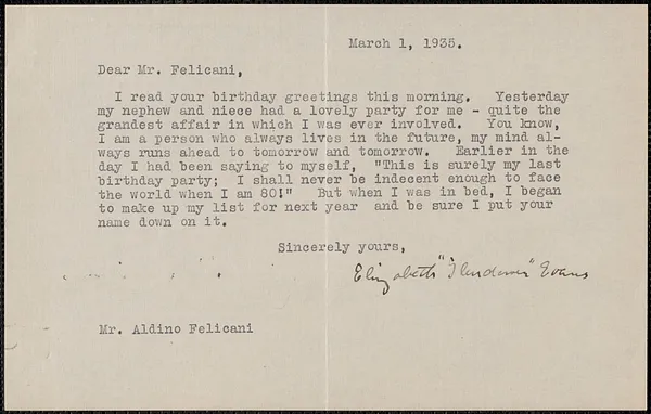 Elizabeth Glendower Evans typed note signed to [Aldino] Felicani, [Brookline, Mass.], March 1, 1935