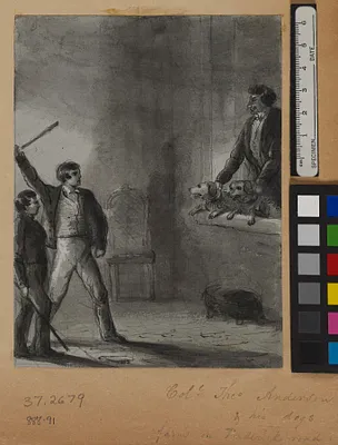 Two Boys with Raised Sticks as Man and Dogs Peer from a Window