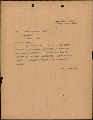 [Fred H. Moore] typed note (copy) to Elizabeth Glendower Evans, [Boston, Mass.], April 23, 1924