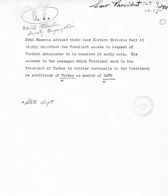 Memorandum from John F. Simmons to Matthew Connelly with Internal Note
