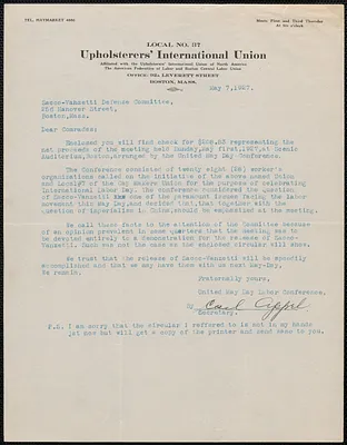 Carl Appel (Upholsterers' International Union, Local No. 87) typed letter signed to Sacco-Vanzetti Defense Committee, Boston, Mass., May 7, 1927