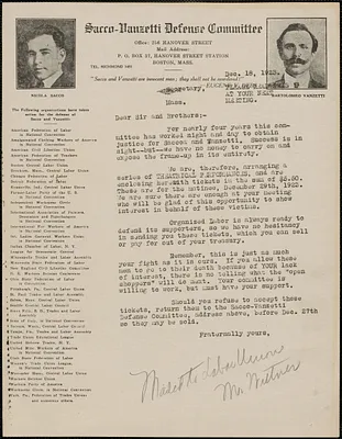 Sacco-Vanzetti Defense Committee typed letter (circular), Boston, Mass., December 18 1923