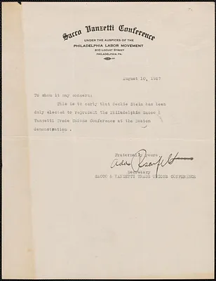 Ada Rosenfeld (Sacco-Vanzetti Conference of Philadelphia) typed note signed to whom it may concern, Philadelphia, Pa., August 10, 1927