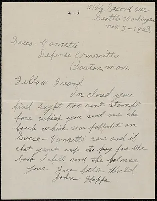 John Happa autograph letter signed to Sacco-Vanzetti Defense Committee, Seattle, Wash., November 3, 1923