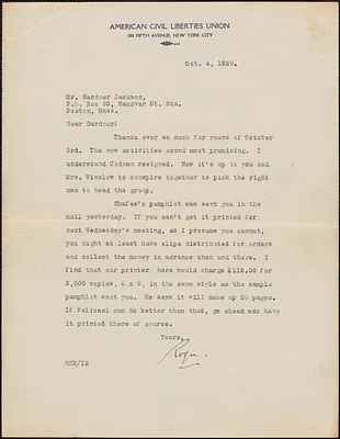 Roger [N. Baldwin] (American Civil Liberties Union) typed letter to Gardner Jackson, New York, N. Y., October 4, 1929