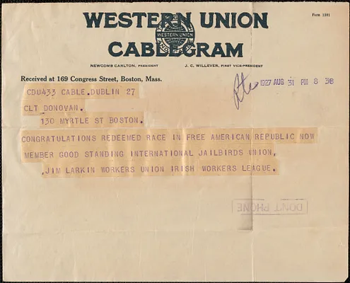 Jim Larkin (Irish Workers League) telegram to Mary Donovan, Dublin, Ireland, August 31, 1927