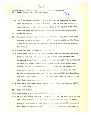 Transcript of Lansing Lamont Interview with Louis Jacot of Los Alamos Laboratory (Tape I)