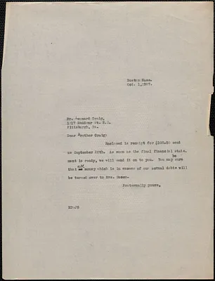Mary Donovan typed note (copy) to Leonard Craig (Sacco-Vanzetti Defense Committee of Western Pennsylvania), Boston, Mass., October 1, 1927