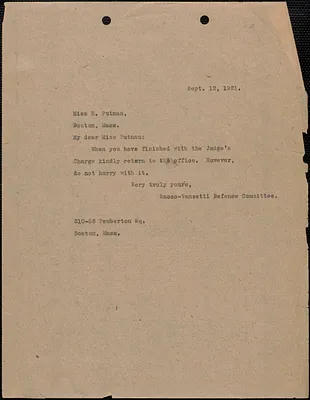Sacco-Vanzetti Defense Committee typed note (copy) to E. Putnam, Boston, Mass, September 12, 1921