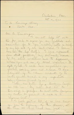 Bartolomeo Vanzetti manuscript letter (copy) to William G. Thompson, Charlestown, 3 October 1923
