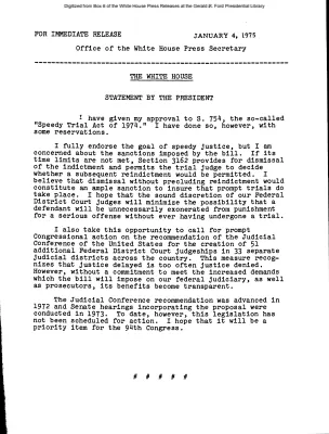 President Signs S. 754, the "Speedy Trial Act of 1974" [Signing Statements and Announcements]
