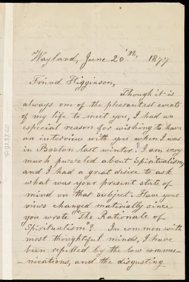 Letter from Lydia Maria Child, Wayland, to Thomas Wentworth Higginson, June 20'th, 1877