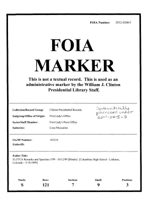 FLOTUS Remarks and Speeches 5/99-10/12/99 [Binder]: [Columbine High School, Littleton, Colorado-5/10/1999]