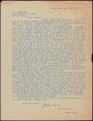 J. M. Kerr typed letter signed to Joseph Moro, Denver, Colo., May 20, 1927