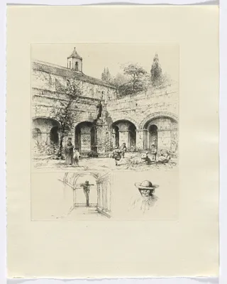Frédéric Mistral: Mémoires et Recits by Frédéric Mistral: figures in a cloister/ crucifix and bust of a man (insert after p. 56)